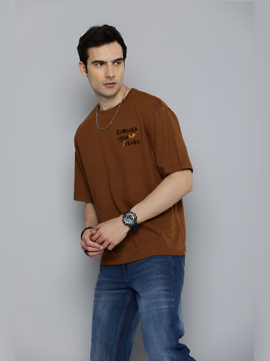 

R.Code by The Roadster Life Co. Printed Oversize T shirt, Mustard