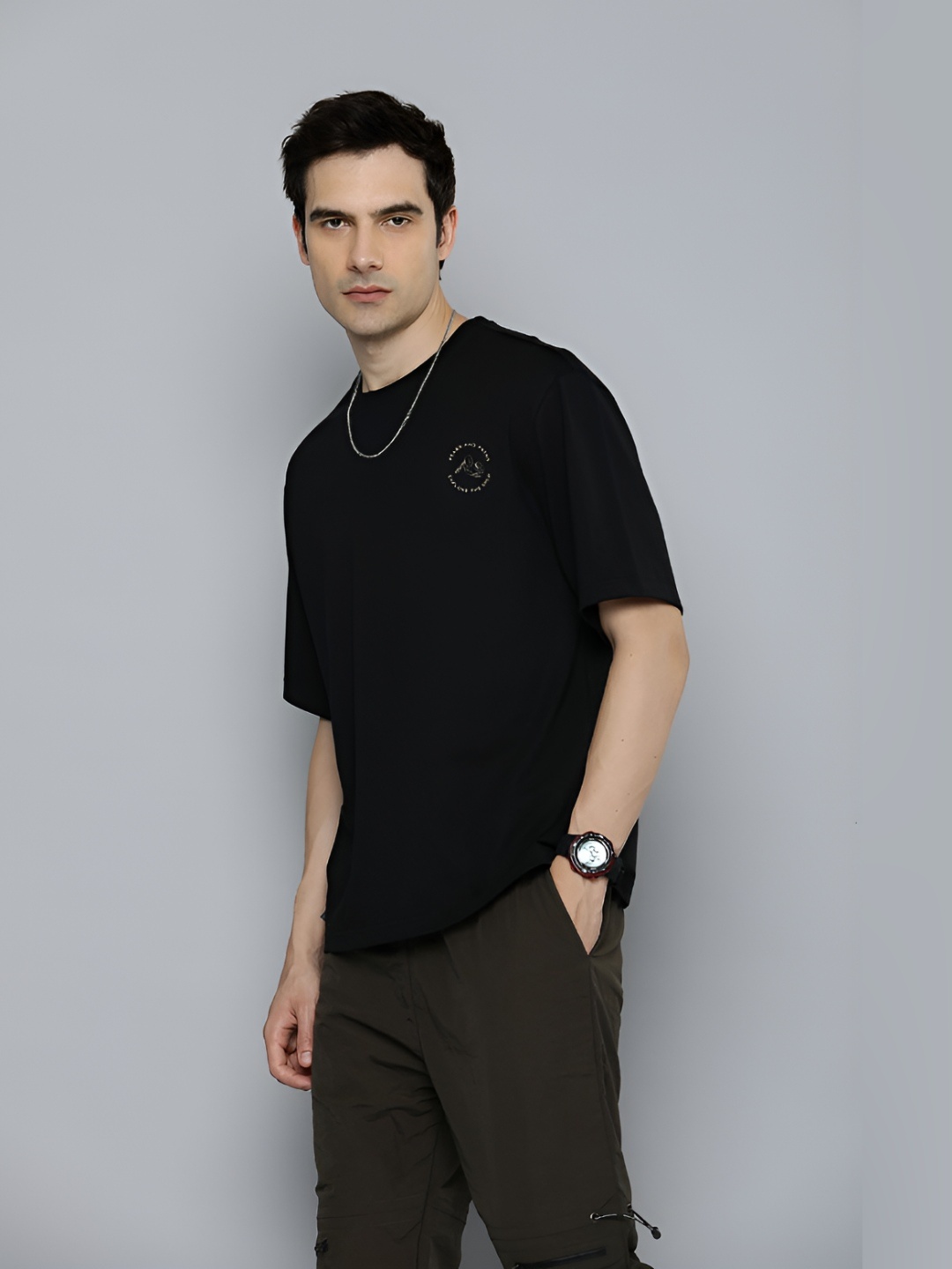 

R.Code by The Roadster Life Co. Men Solid Extended Sleeves T-shirt, Black