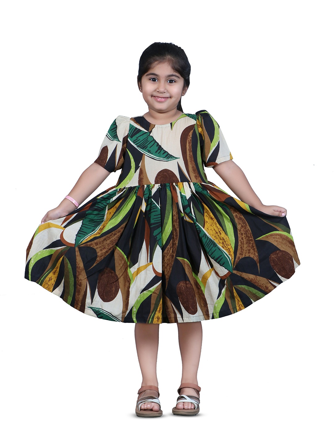 

EthIndia Girls Abstract Print Puff sleeves Fit and Flare Dress, Multi