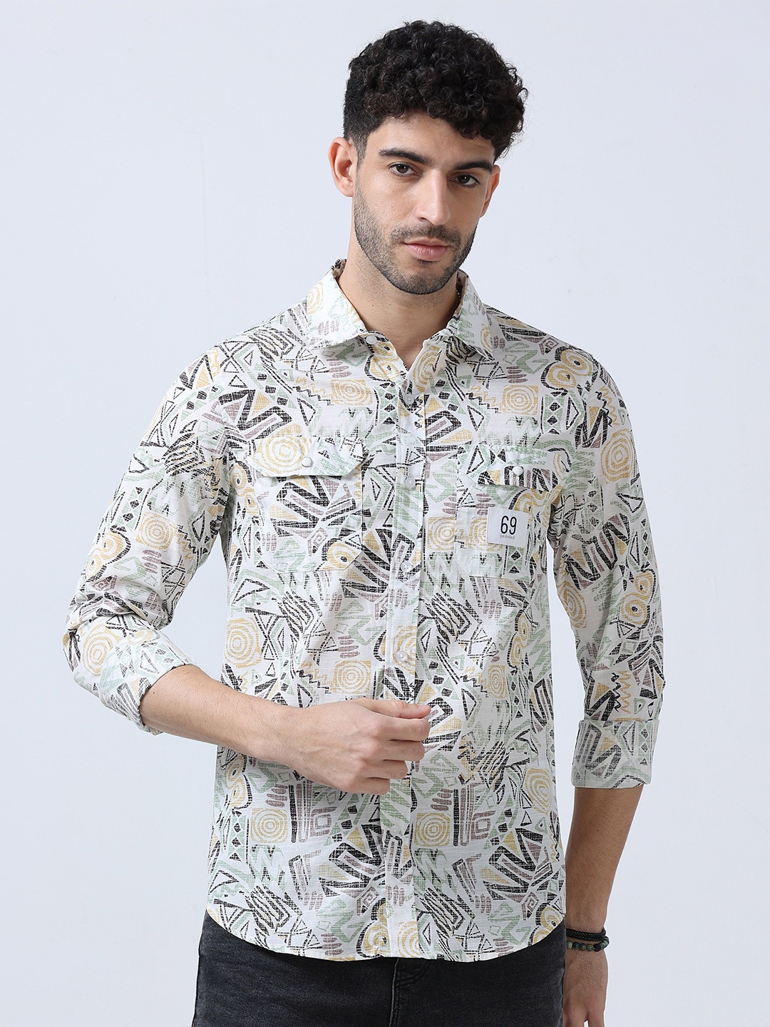 

FLY 69 Men Slim Fit Floral Opaque Printed Casual Shirt, Beige