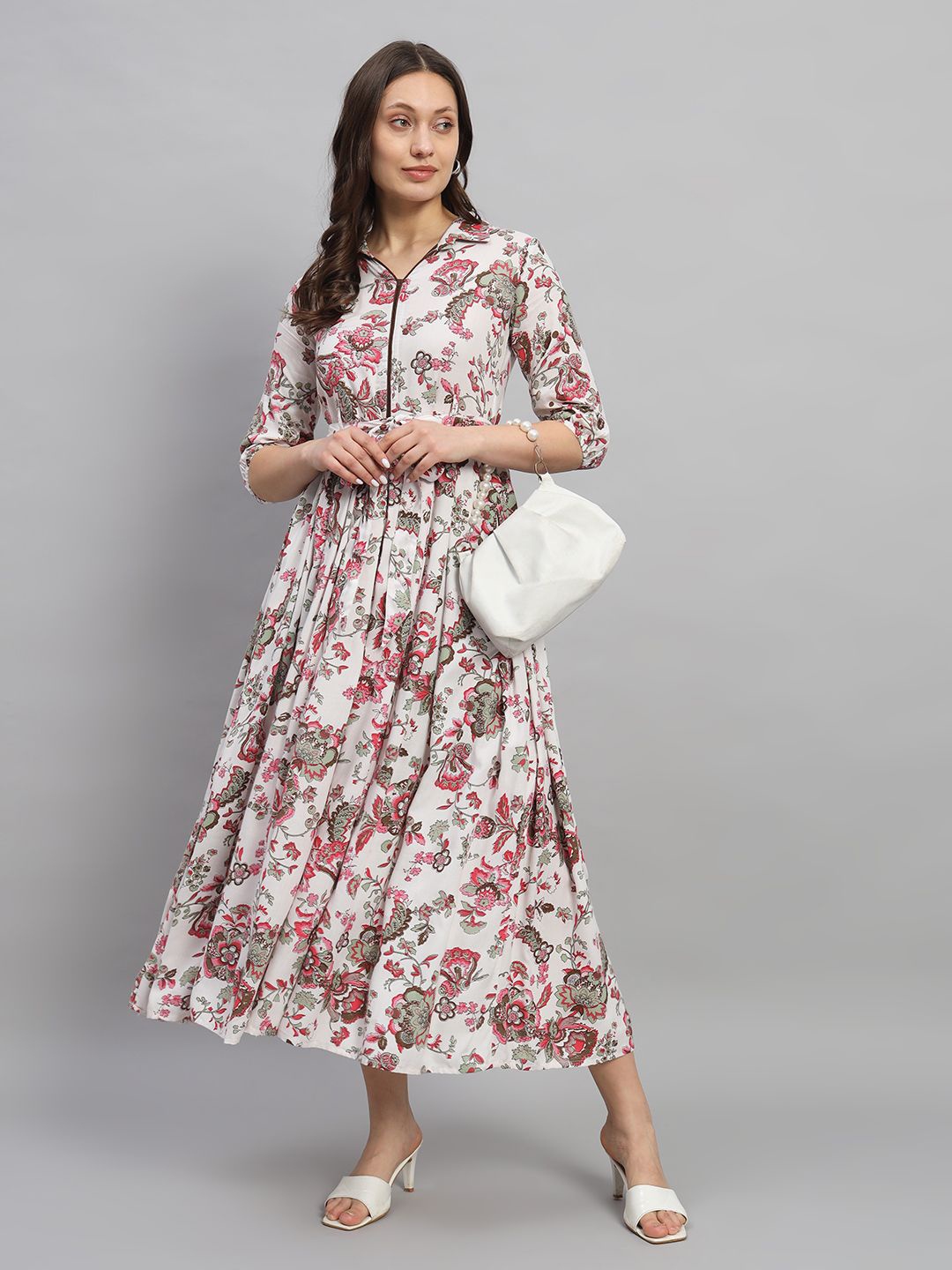 

Gujari Women Printed Fit and Flare Midi Dress, White