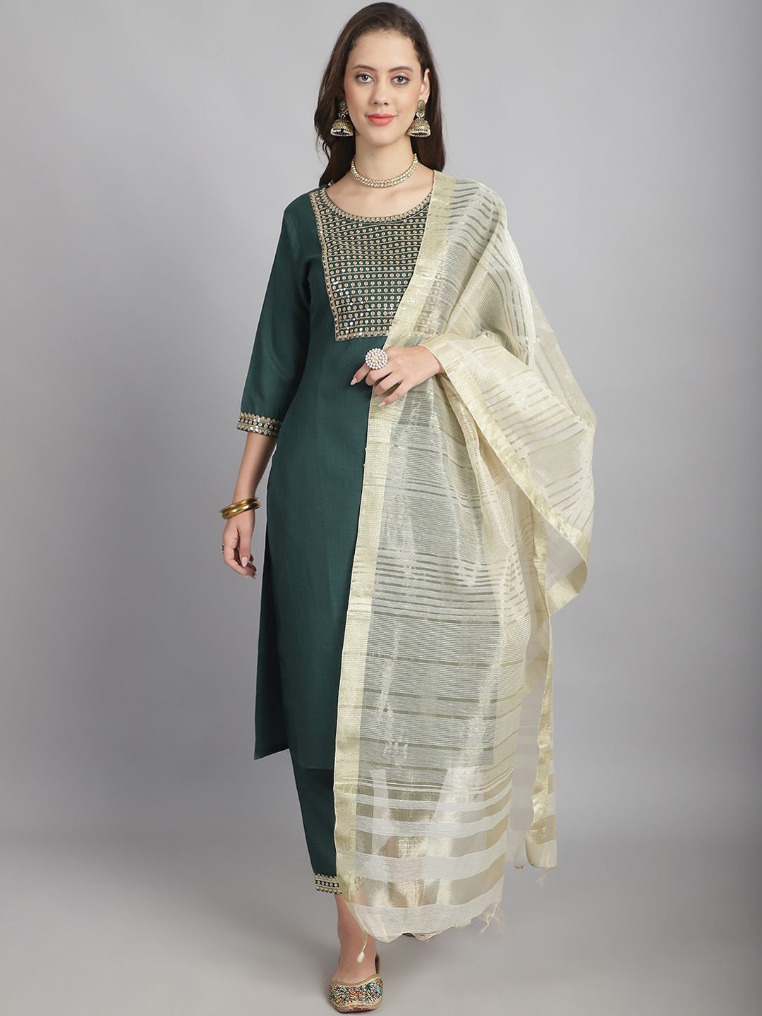 

KALINI Floral Embroidered Zari Straight Kurta With Trousers & Dupatta, Green