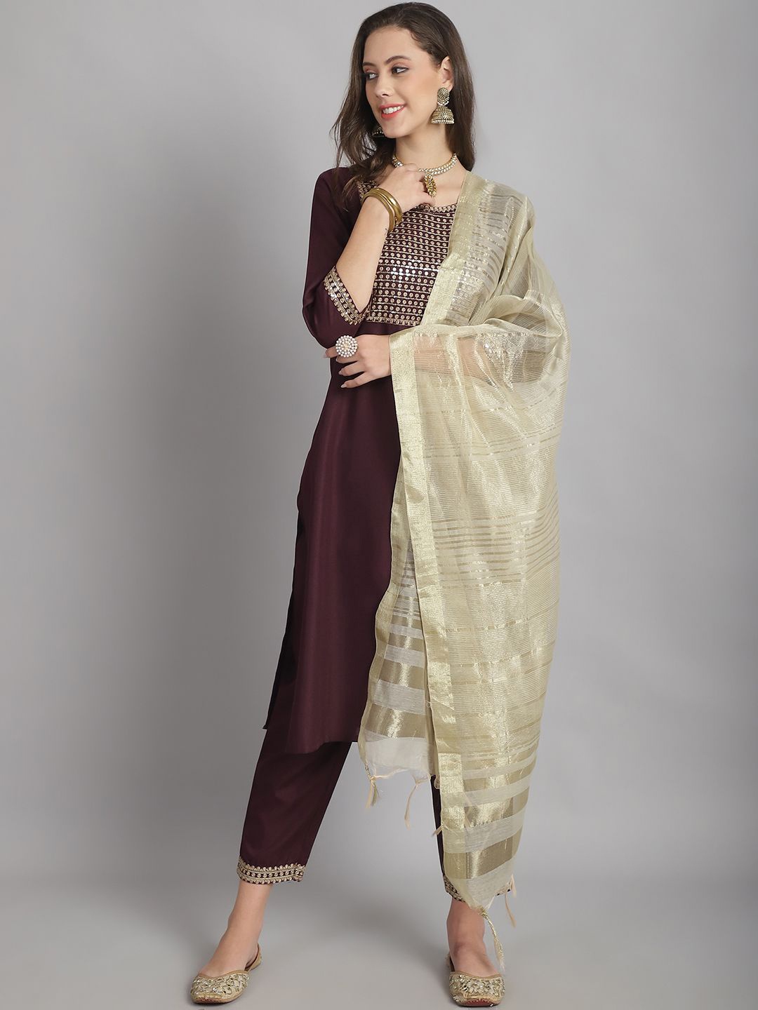 

KALINI Ethnic Motifs Yoke Design Thread Work Straight Kurta With Trousers & Dupatta, Brown