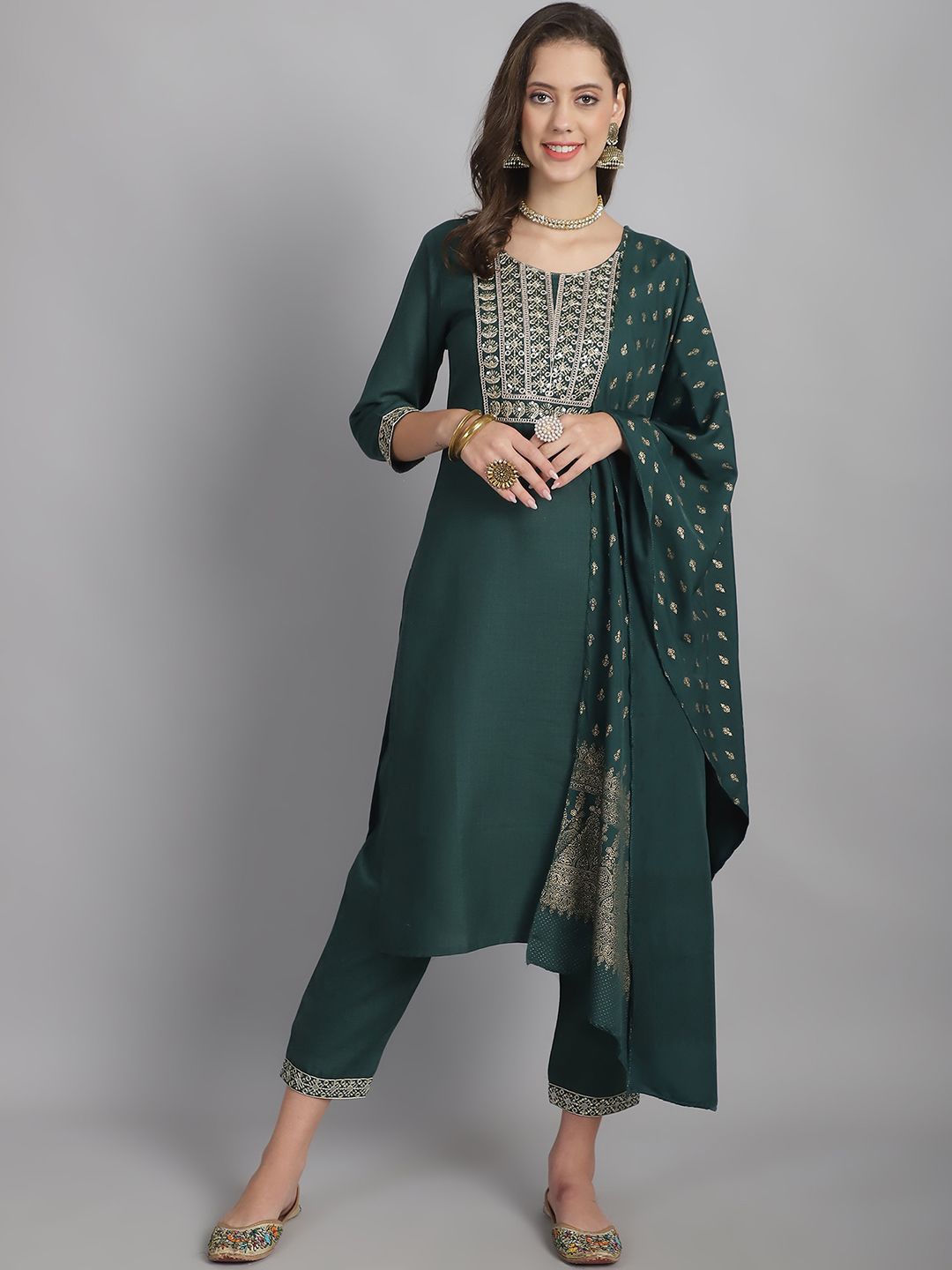 

KALINI Floral Embroidered Zari Straight Kurta With Trousers & Dupatta, Green