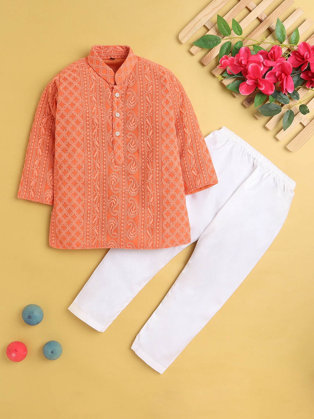 

BAESD Boys Paisley Embroidered Mandarin Collar Kurta with Pyjamas, Orange