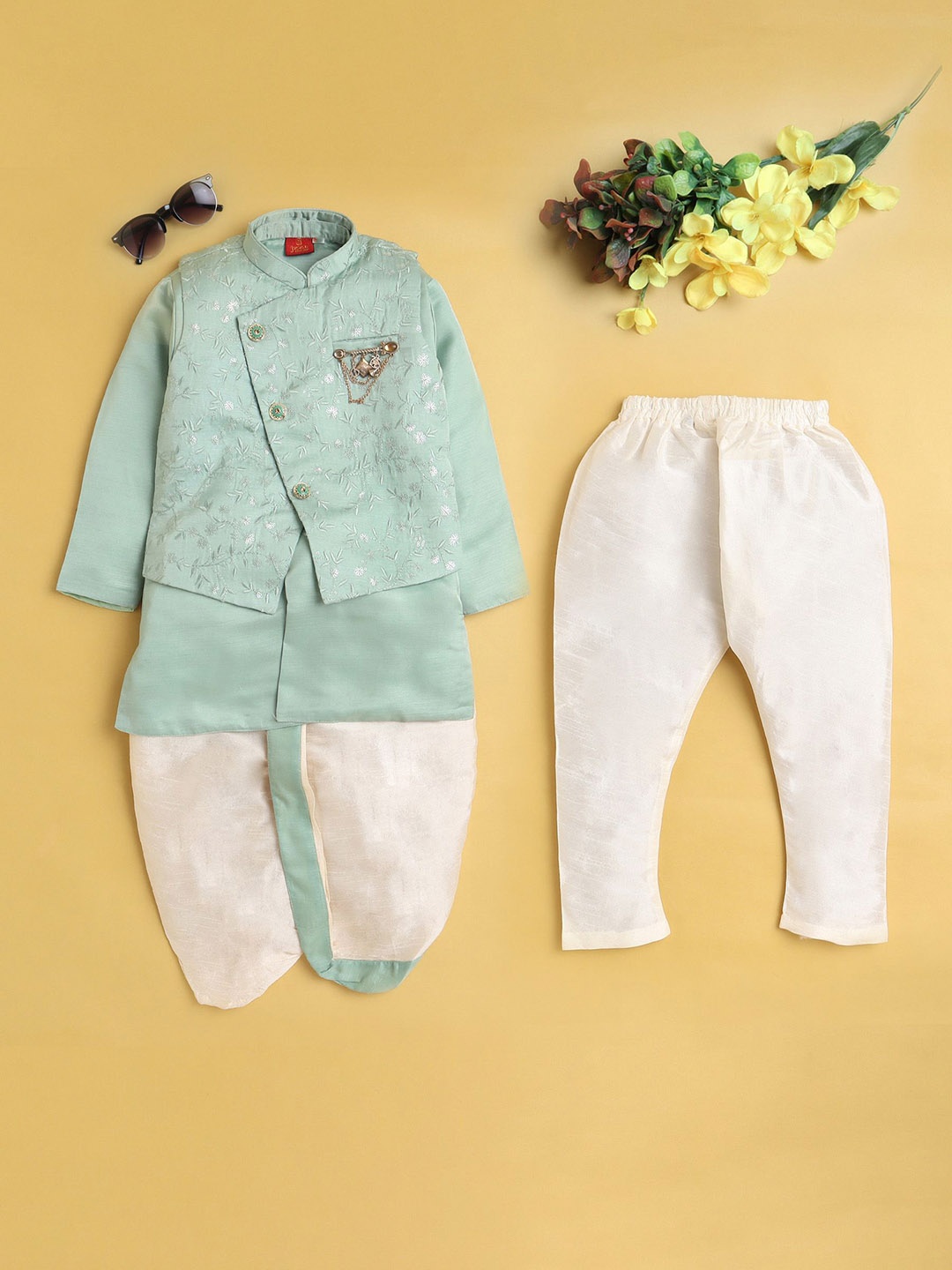 

BAESD Boys Ethnic Motifs Embroidered Regular Kurta with Dhoti Pants, Turquoise blue