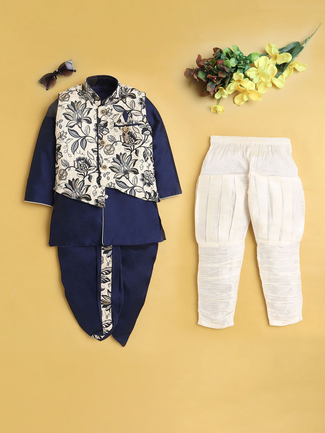 

BAESD Boys Ethnic Motifs Printed Mandarin Collar Straight Kurta With Dhoti Pants, Navy blue