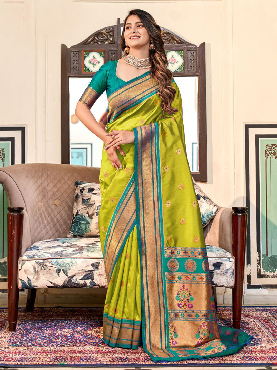 

NK Textiles Woven Design Zari Paithani Saree, Lime green