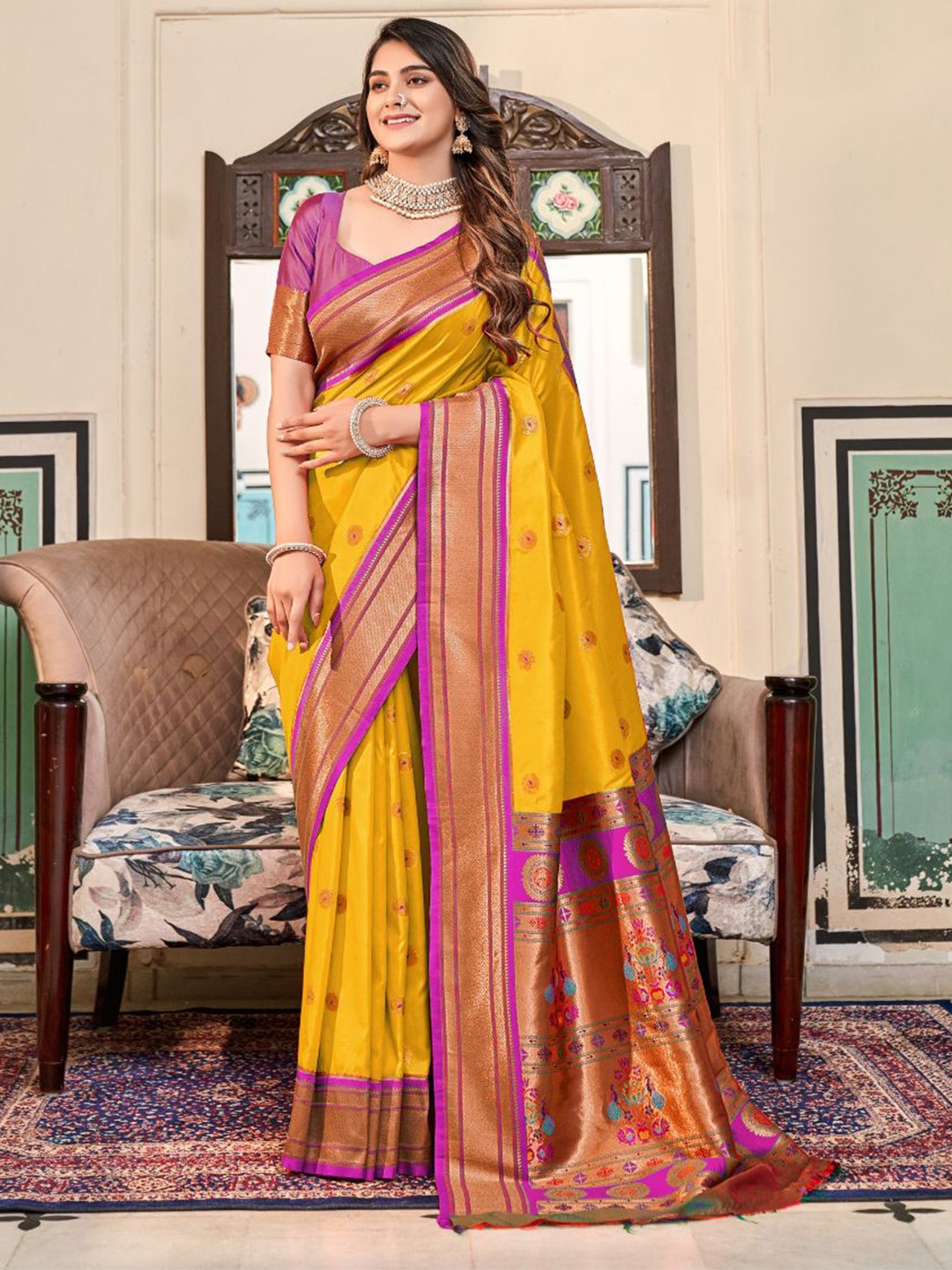 

NK Textiles Woven Design Zari Paithani Saree, Yellow