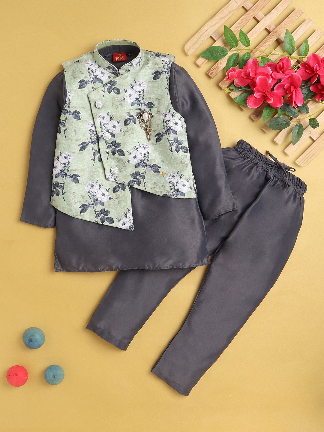 

BAESD Boys Straight Silk Cotton Kurta with Pyjamas & Waistcoat, Grey