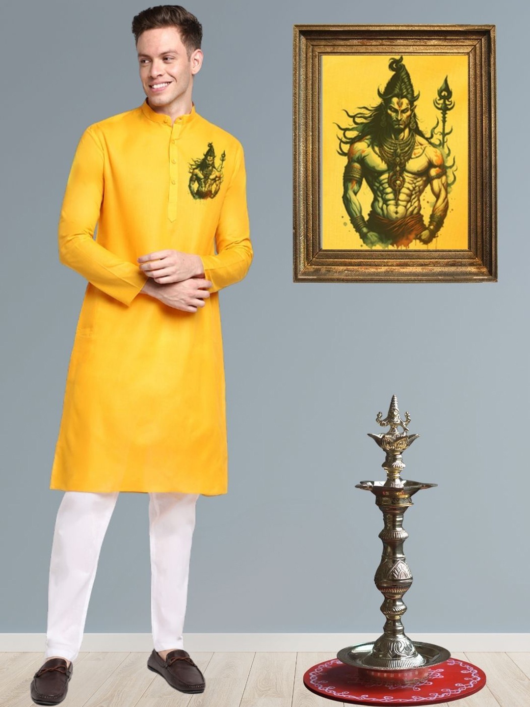 

DEVOILER Lord Shiva Printed Mandarin Collar Straight Kurta, Yellow