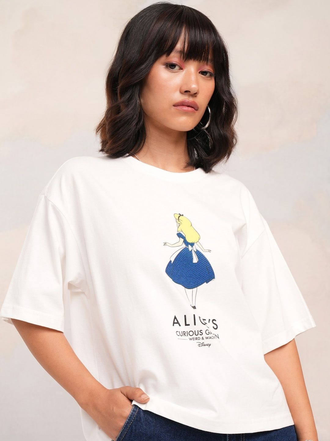 

Tokyo Talkies Women Alice in Wonderland Printed Boxy Tshirt, White