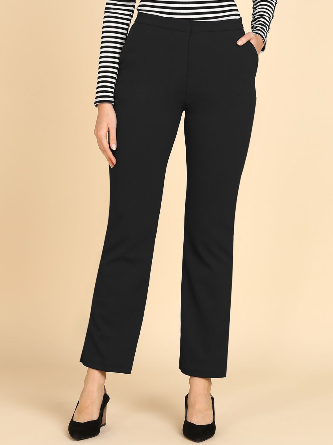 

BAESD Women Smart Formal Office Trousers Flared Mid-Rise Wrinkle Free, Black