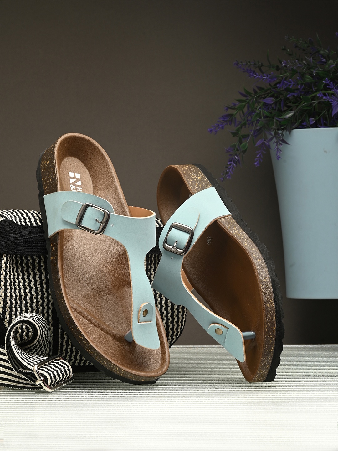 

HERE&NOW Women T-Strap Flats With Buckles, Blue