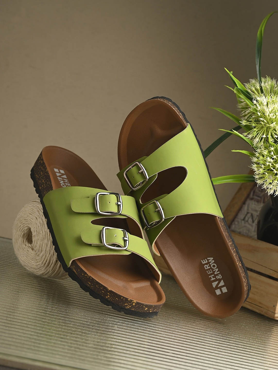 

HERE&NOW Women Faux Leather Open Toe Slip On Flats with Buckles, Green