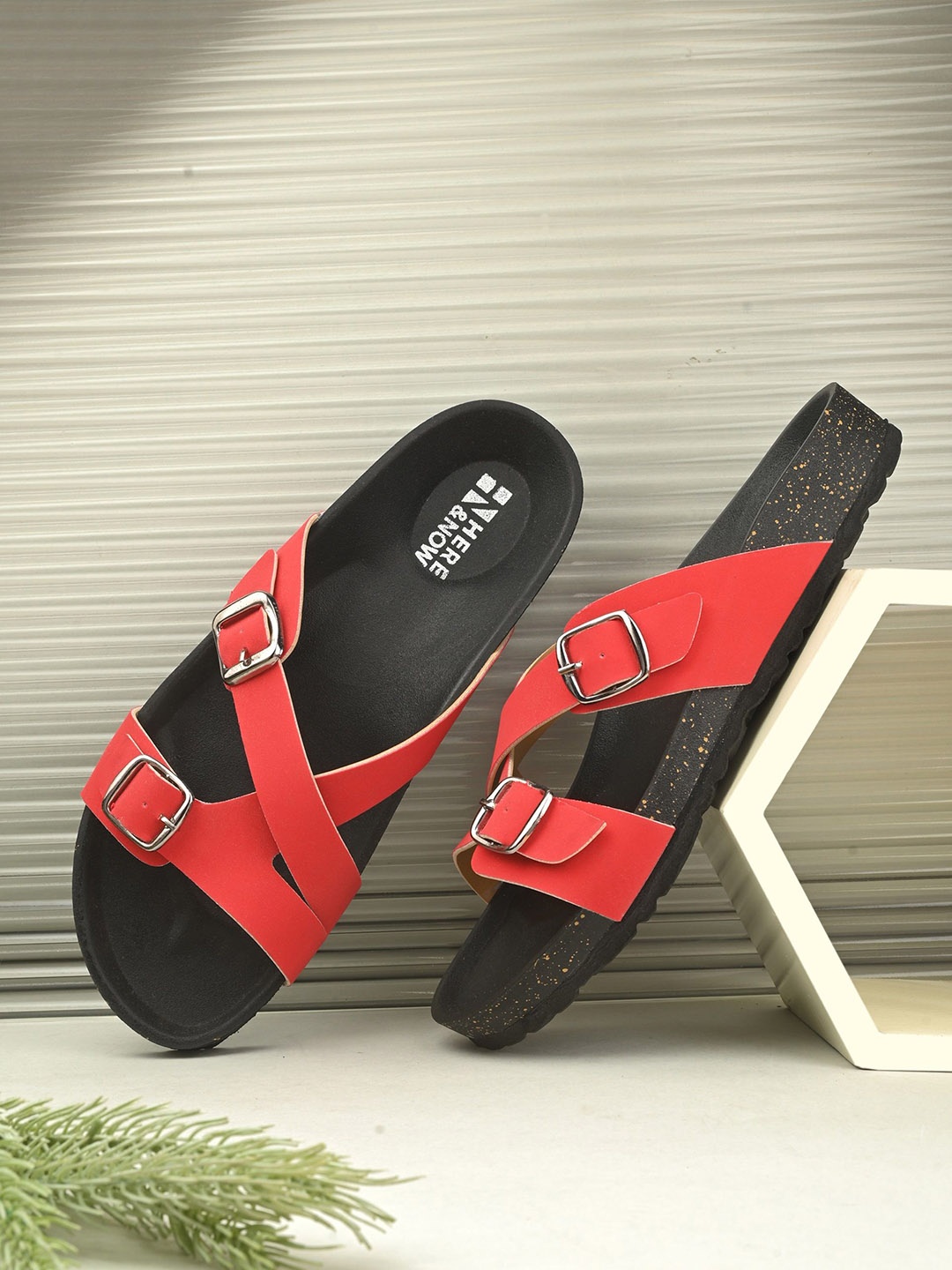

HERE&NOW Women Printed Open Toe Flats with Buckles, Red