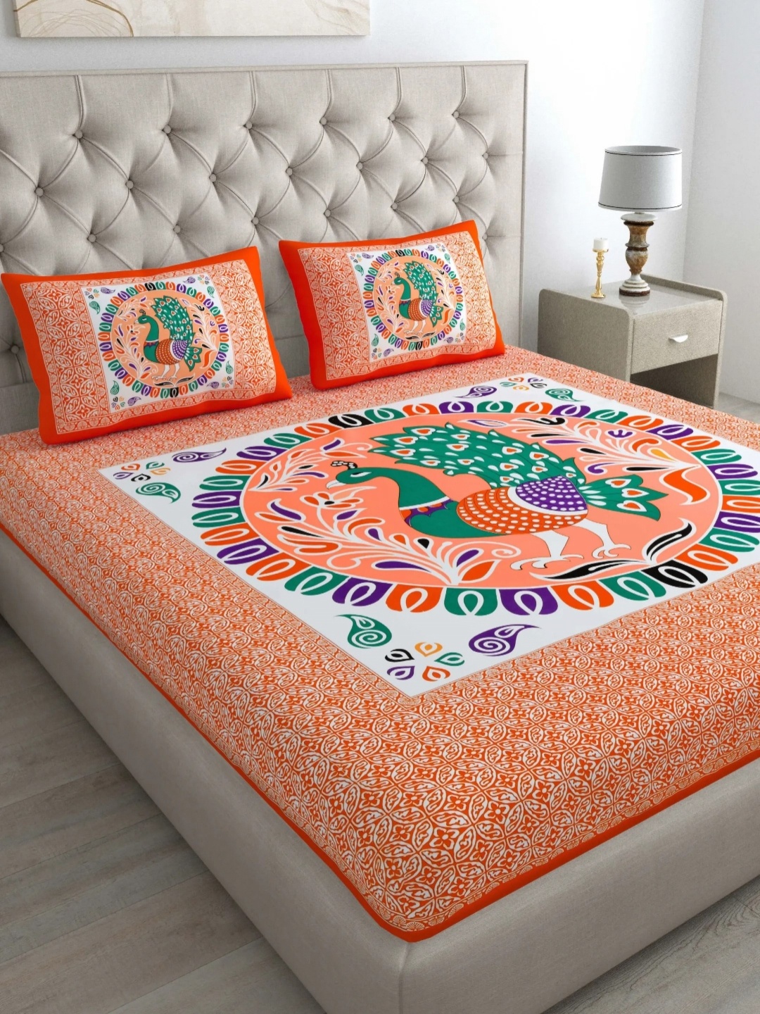 

LIVING ROOTS Double Queen Size Jaipur Block Print Cotton Double Bedsheet & 2 Pillow Covers, Orange