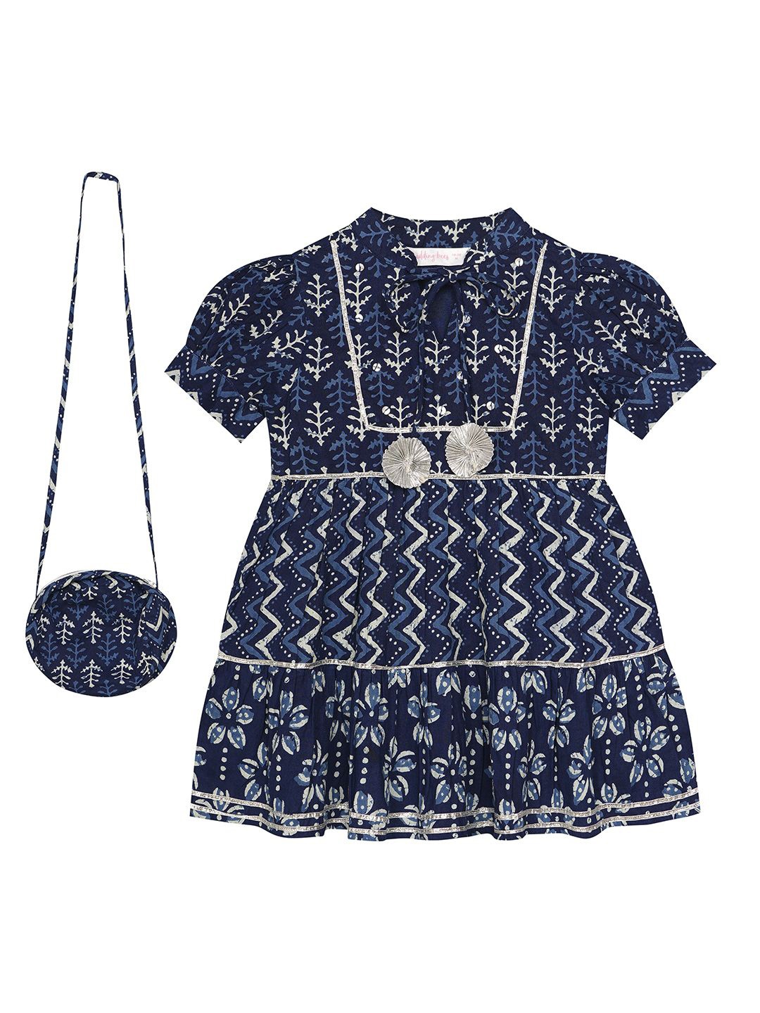 

Budding Bees Printed Tie-Up Neck Puff Sleeves A-Line Dress, Blue