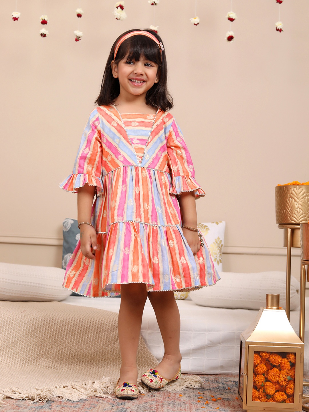 

Budding Bees Girls Cotton Striped Bell Sleeve A-Line Dress, Orange