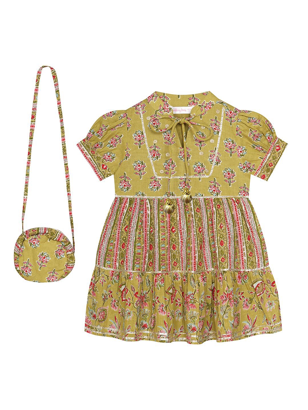 

Budding Bees Girls Floral Tie-Up Neck Print Fit & Flare Dress with Bag, Green