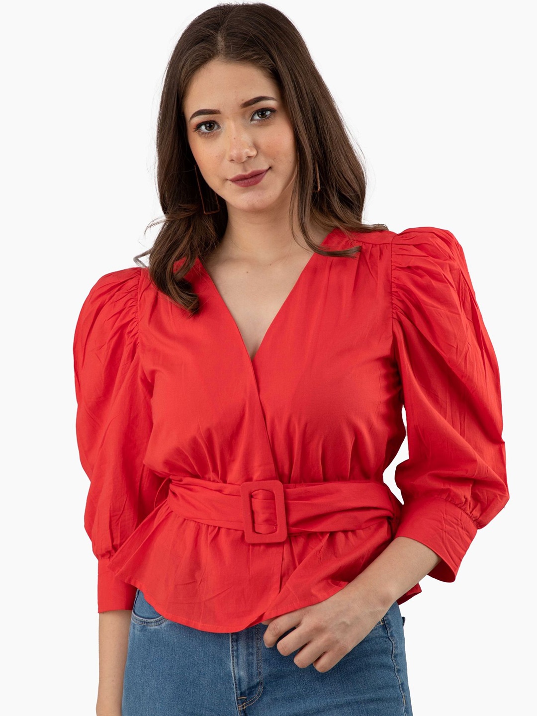 

PRETTY LOVING THING Puff Sleeve Cotton Wrap Top, Red