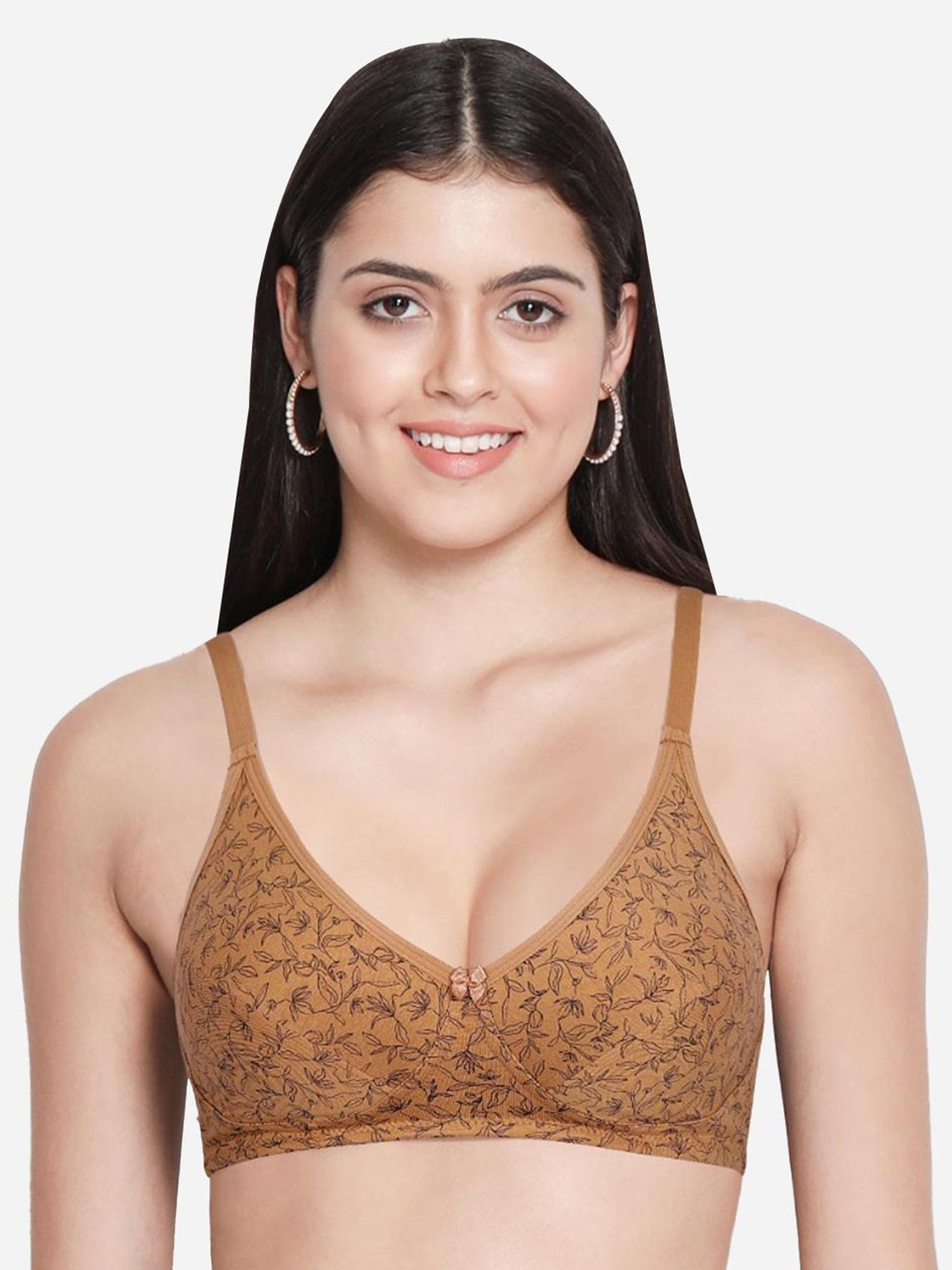 

Susie Floral Medium Coverage Cut and Sew Cotton Non Padded Bra, Beige