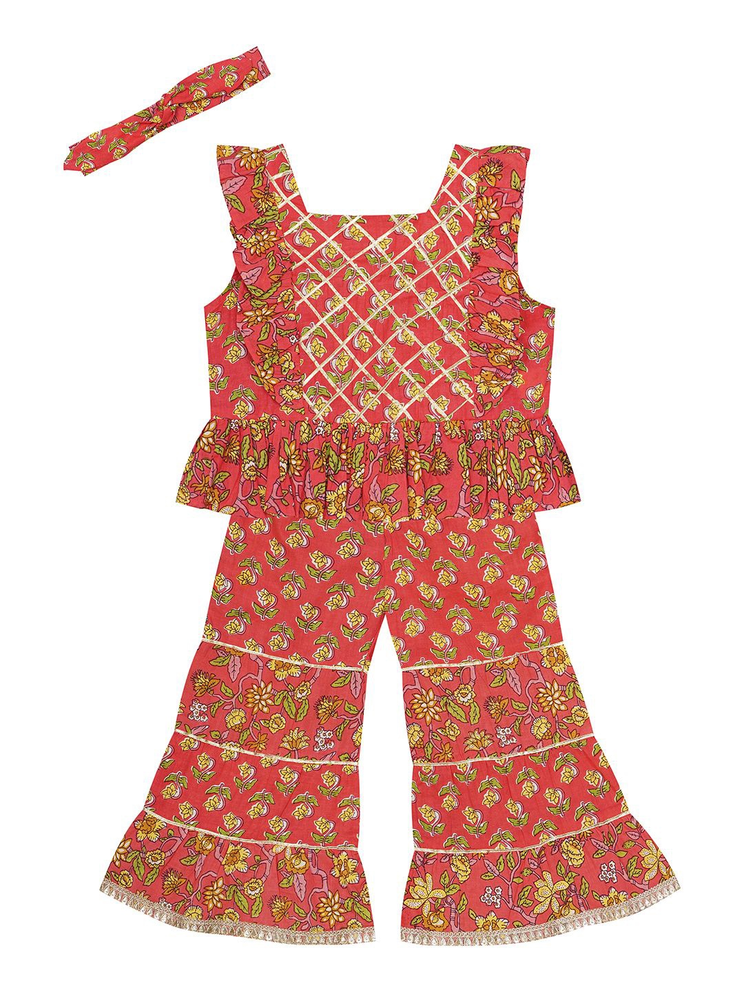 

Budding Bees Girls Printed Shoulder Straps Pure Cotton Top with Sharara With Hairband, Pink