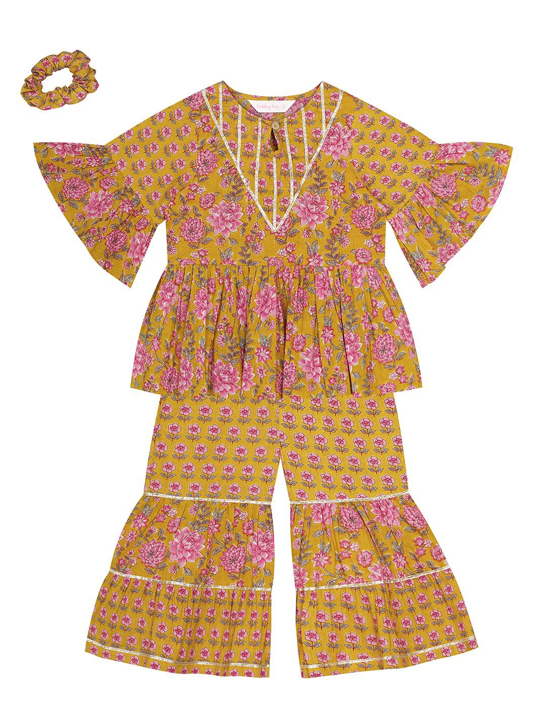 

Budding Bees Girls Floral Printed Pure Cotton Anarkali Kurta & Sharara & Scrunchies, Mustard