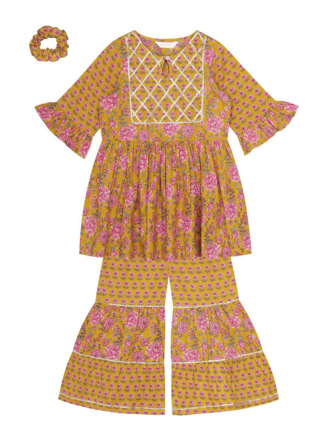 

Budding Bees Girls Floral Printed Pure Cotton Anarkali Kurta & Sharara & Scrunchies, Mustard
