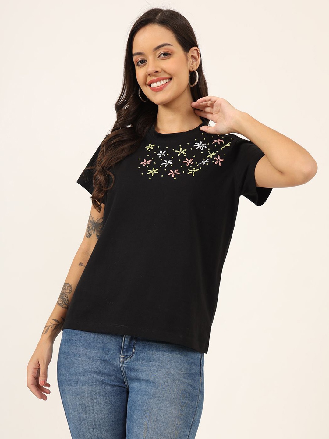 

CHARMGAL Women Round Neck Floral Thread Detail Top, Black