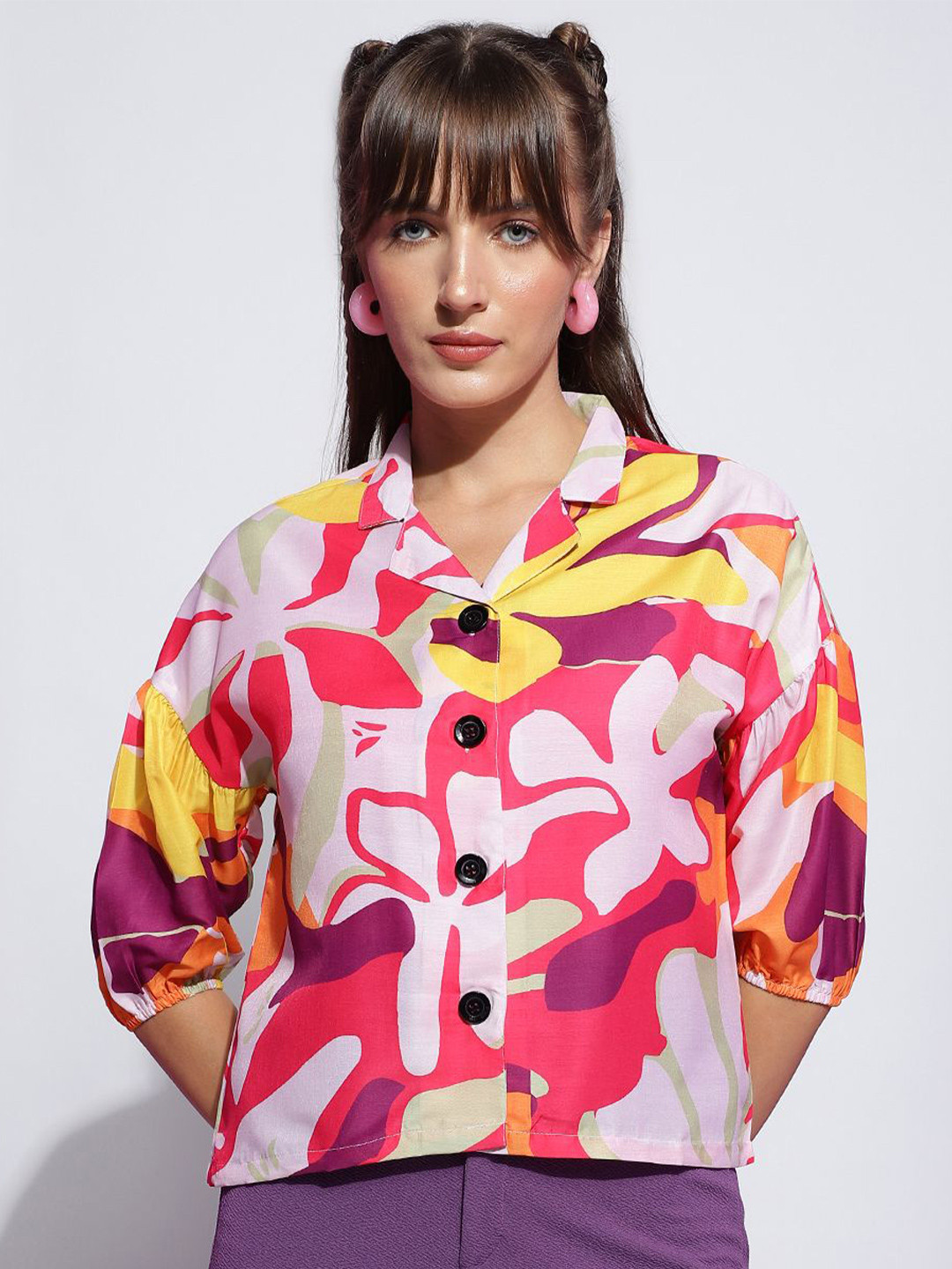 

DressBerry Women Print Shirt Style Lapel Collar Top, Pink