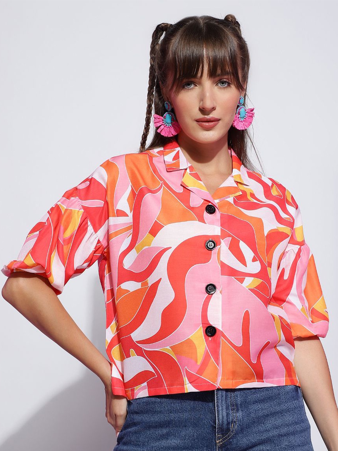 

DressBerry Women Print Shirt Style Puff Sleeve Lapel Collar Top, Orange
