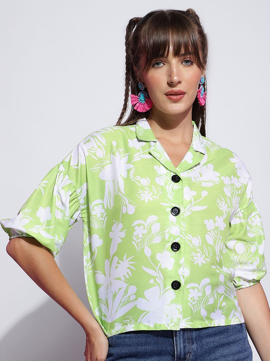 

DressBerry Floral Print Shirt Style Top, Green
