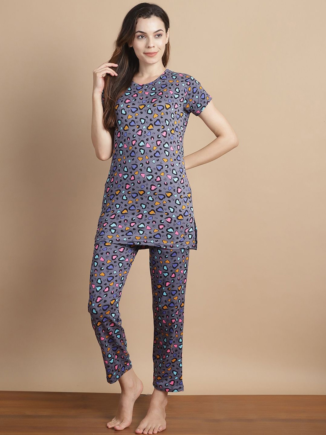 

GRACIT Conversational Printed Round Neck Night suit, Grey