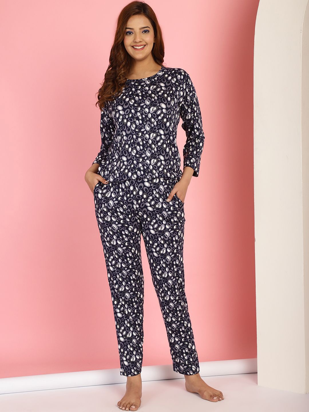 

GRACIT Geometric Printed Round Neck Night suit, Navy blue