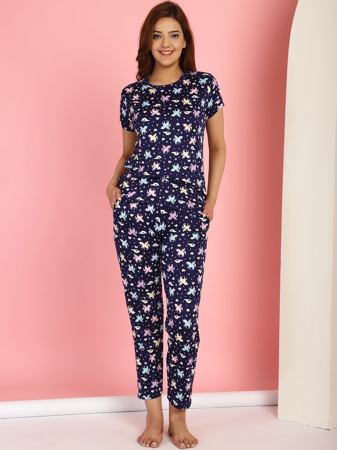

GRACIT Graphic Printed Round Neck Pure Cotton T-shirt & Pyjama, Blue
