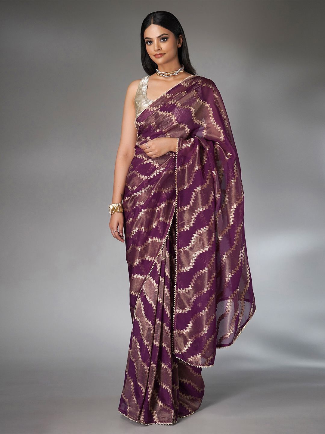 

saree.com Gota Patti Embellished Striped Tissue Saree, Purple