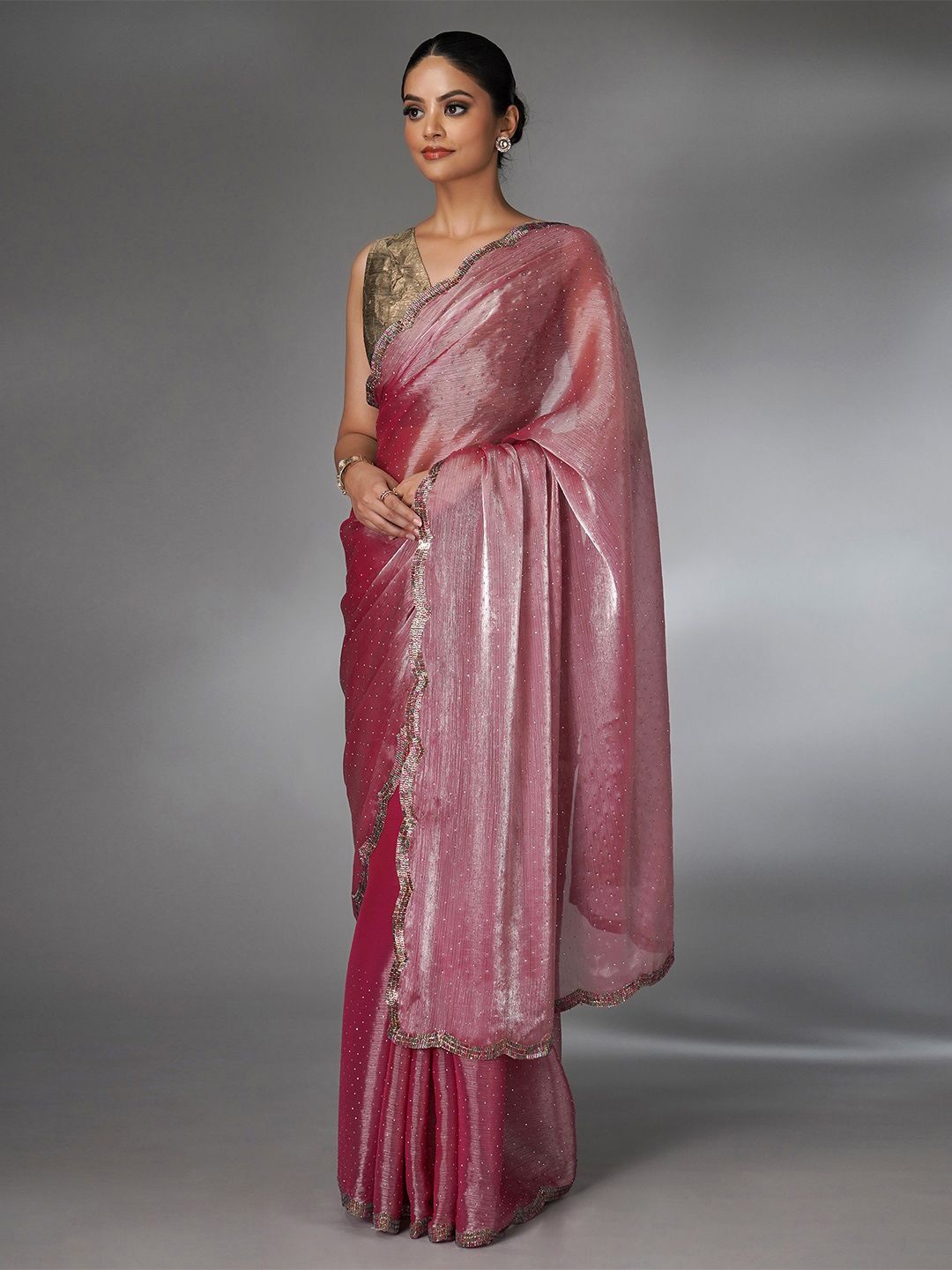 

saree.com Embellished Beads and Stones Sequinned Saree, Pink