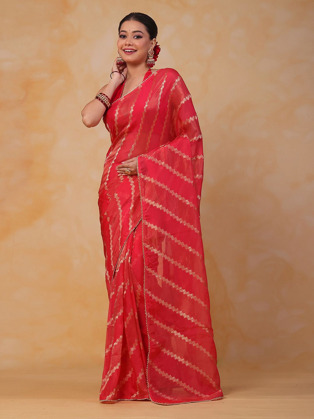

saree.com Zari Woven Striped Gota Patti Tissue Saree, Pink
