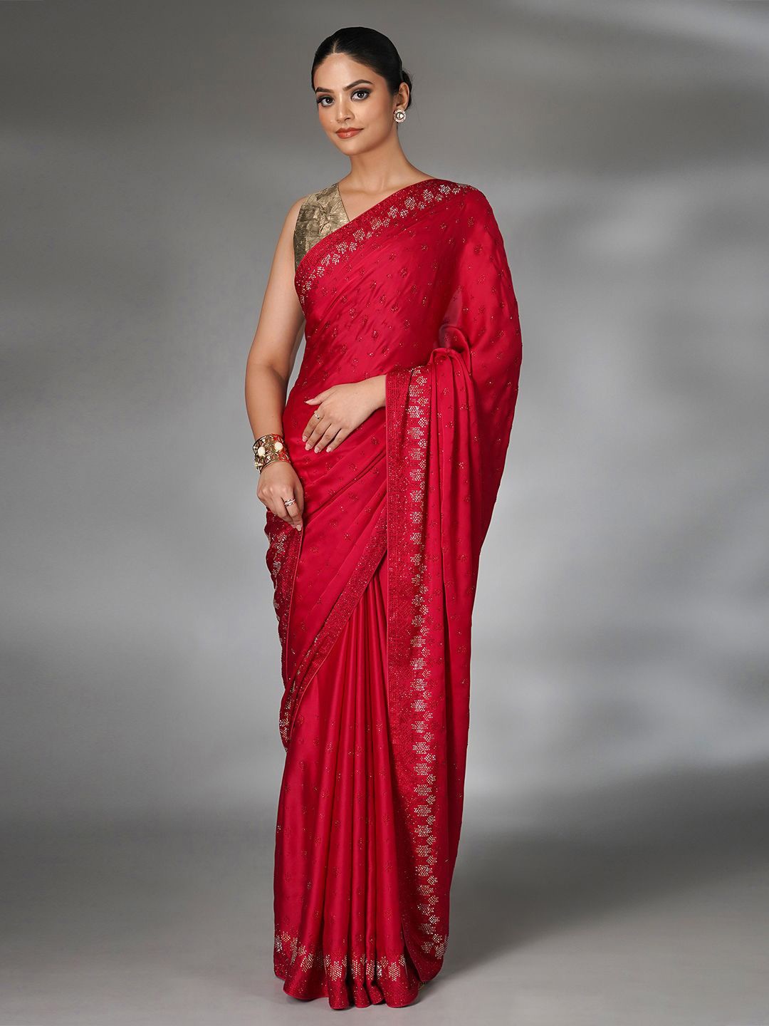

saree.com Embellished Beads and Stones Saree, Red