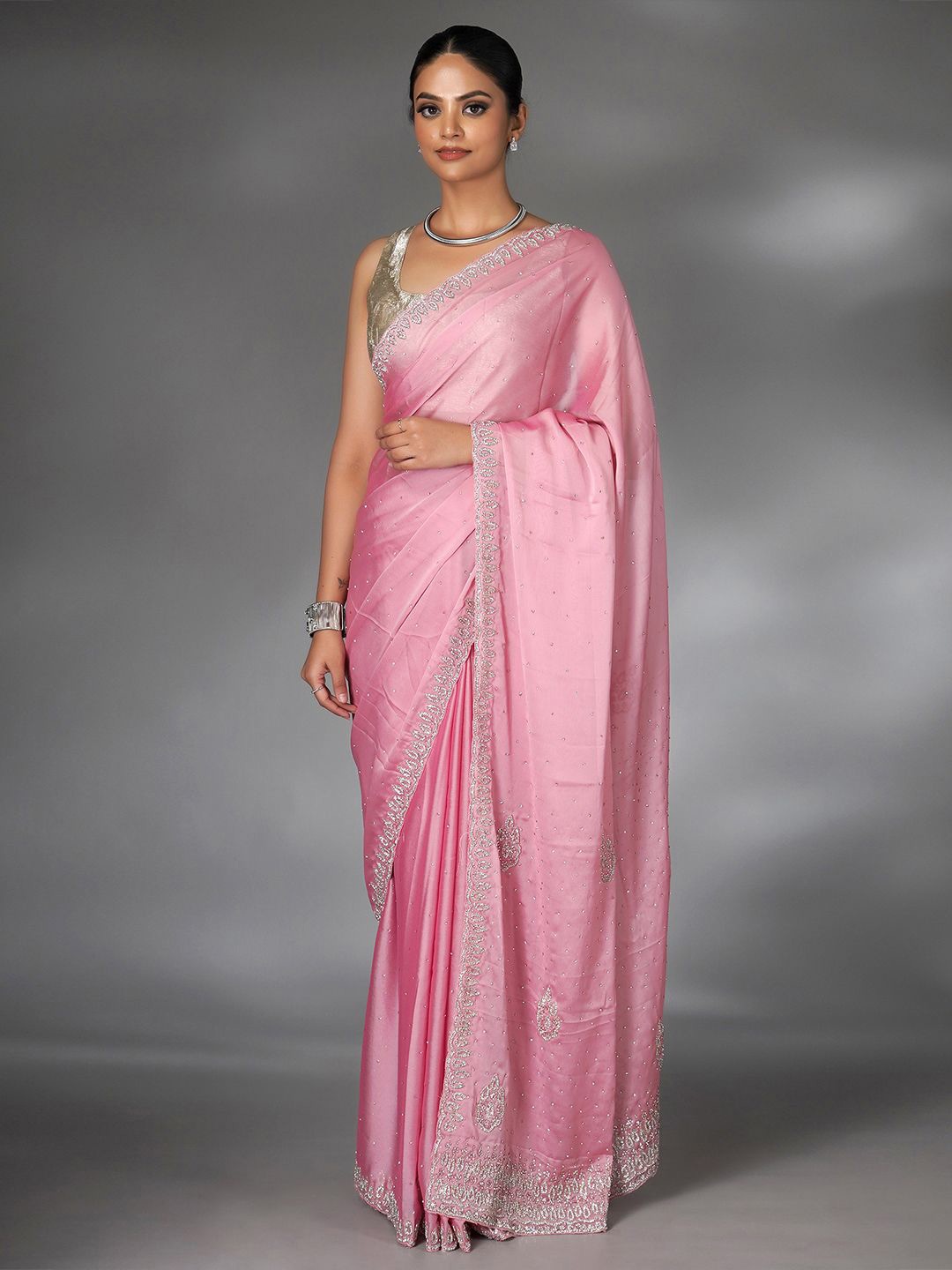 

saree.com Embellished Beads & Stones Saree, Pink