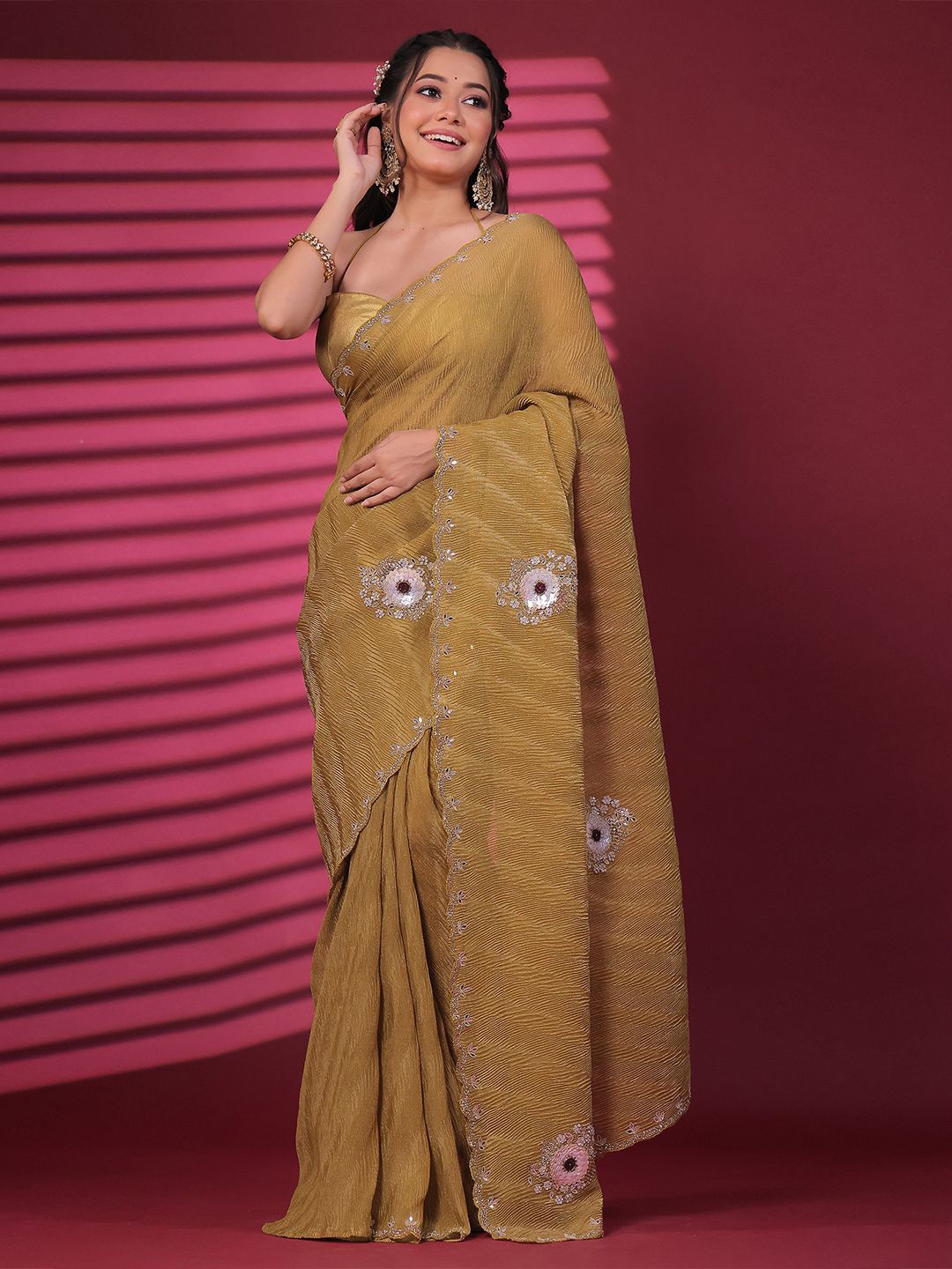 

saree.com Embellished Sequinned Pure Georgette Saree, Mustard