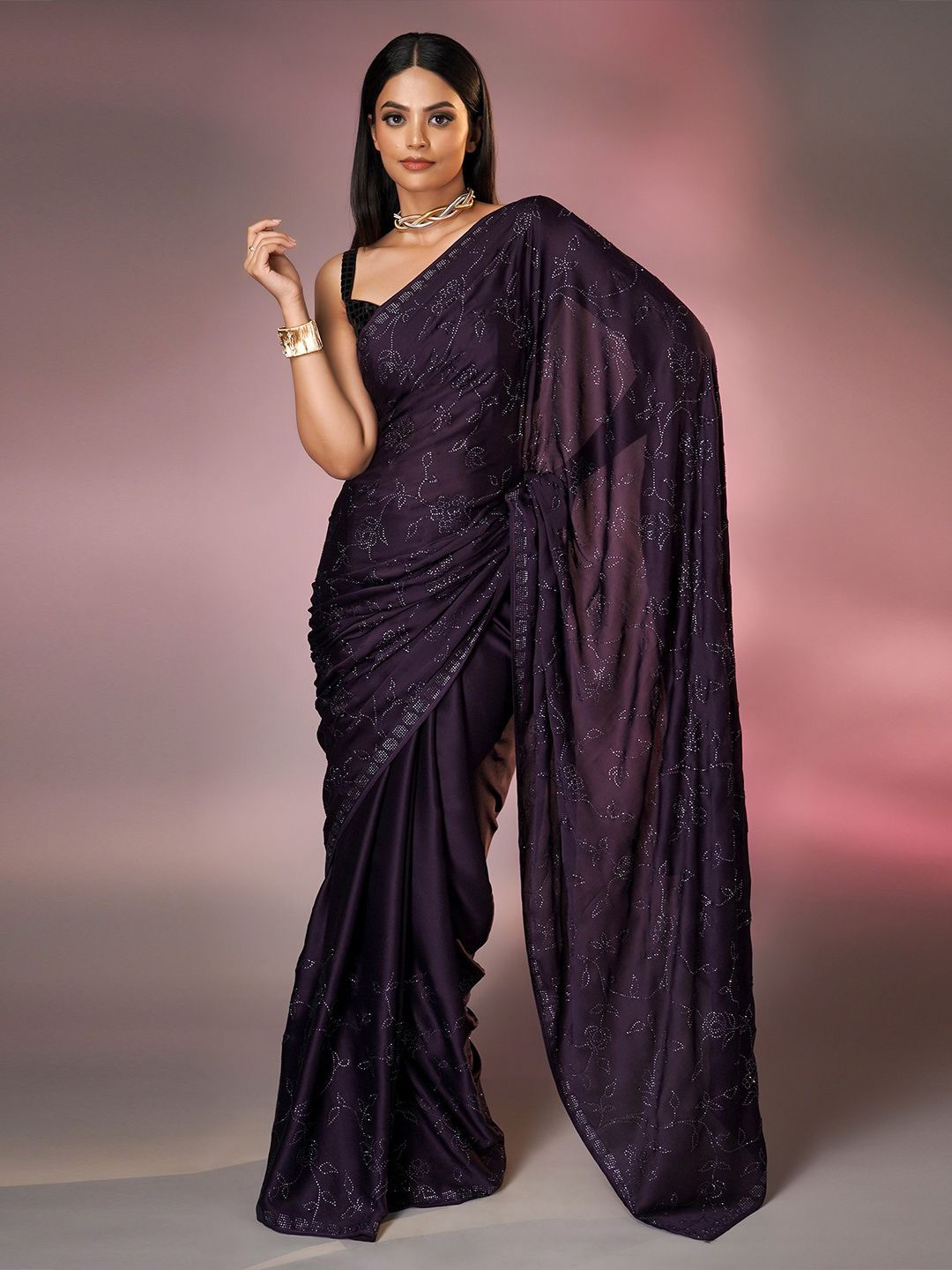 

saree.com Embellished Beads and Stones Satin Saree, Purple