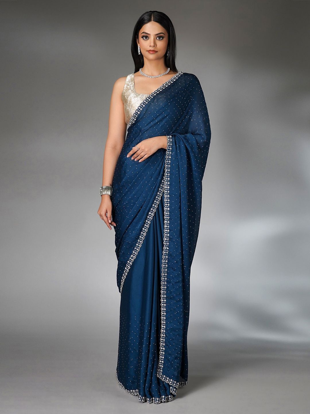 

saree.com Embellished Beads and Stones Pure Georgette Saree, Blue