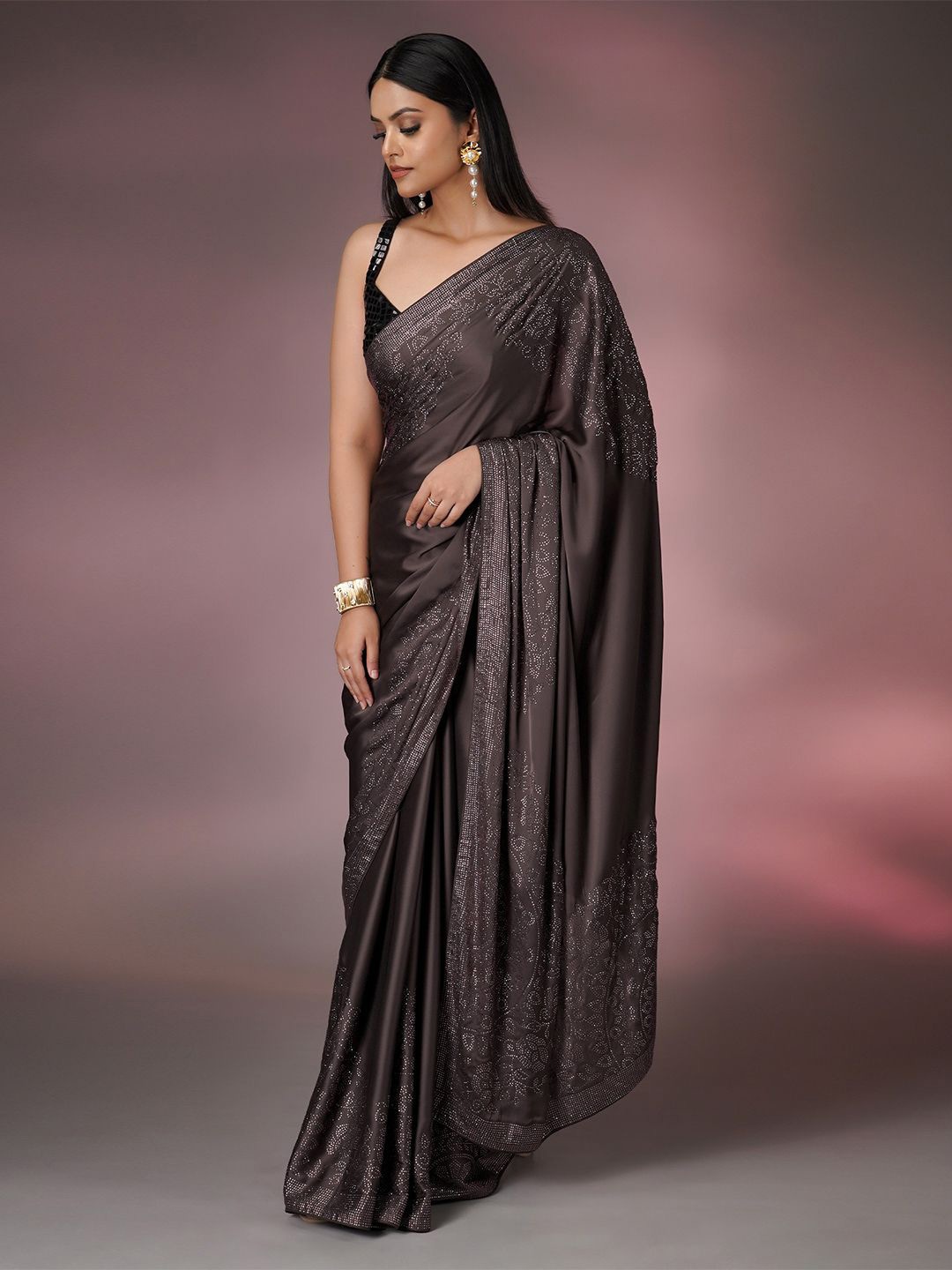 

saree.com Embellished Beads and Stones Satin Saree, Brown