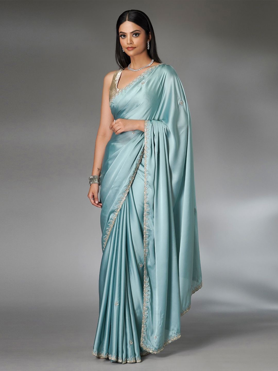 

saree.com Ethnic Motifs Beads and Stones Satin Saree, Blue