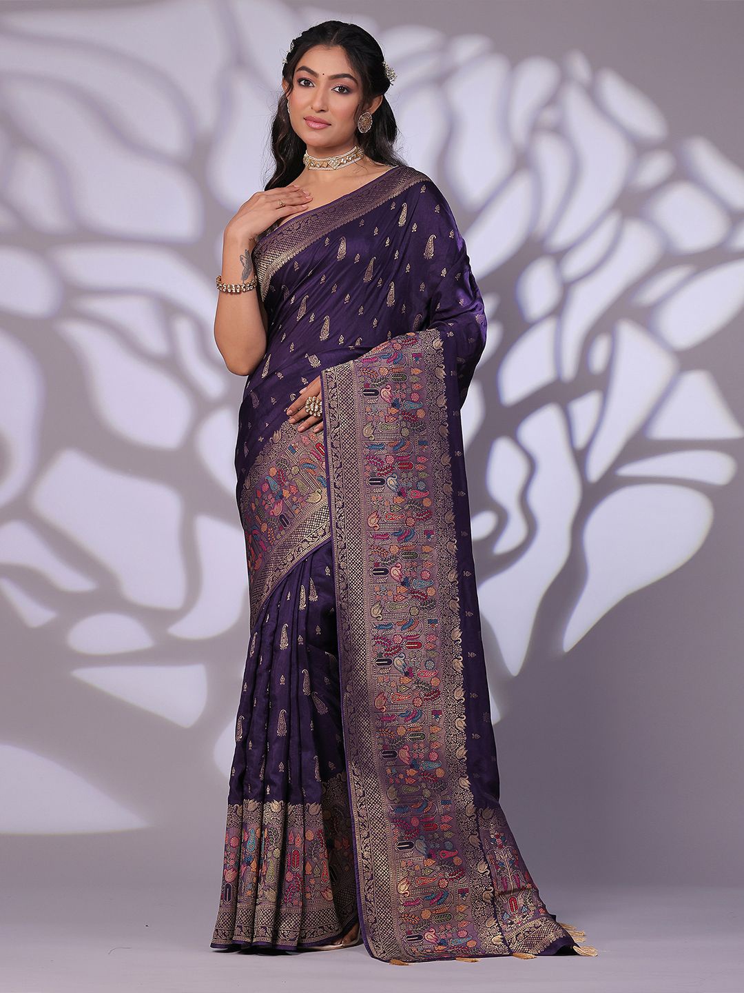 

saree.com Paisley Motif Zari Woven Muga Saree, Purple