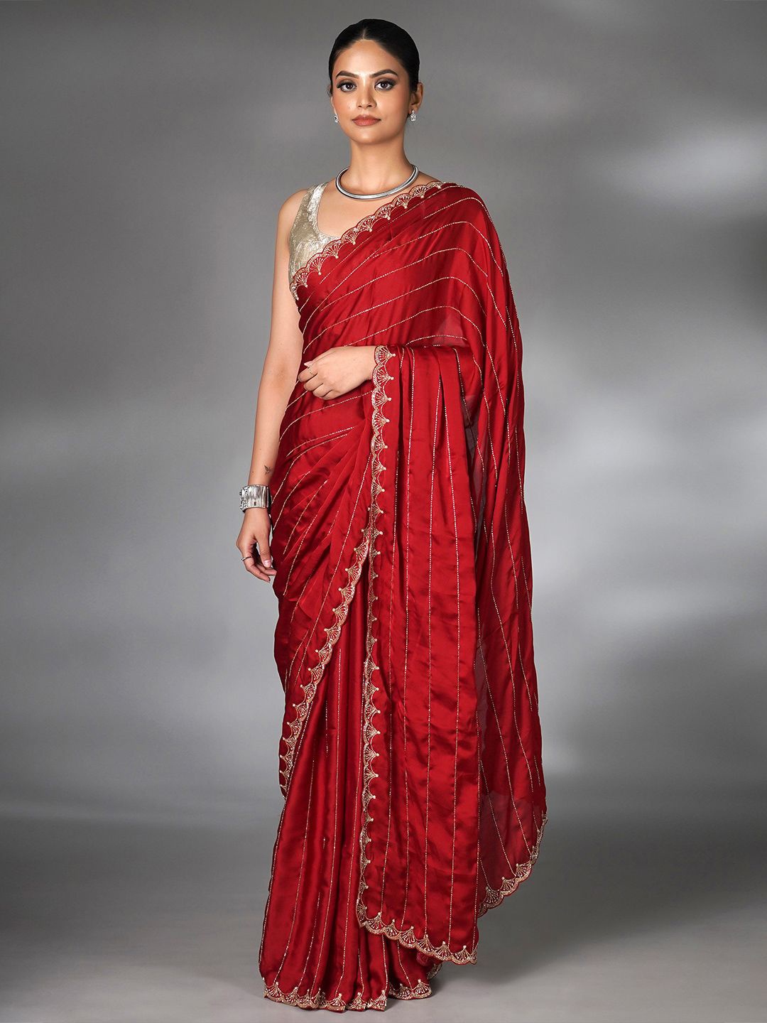 

saree.com Embellished Sequinned Satin Saree, Red