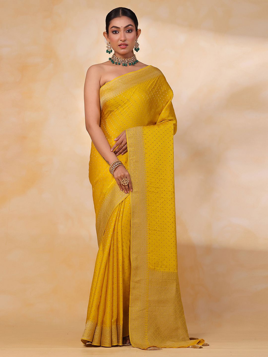 

saree.com Ethnic Motifs Zari Satin Saree, Yellow