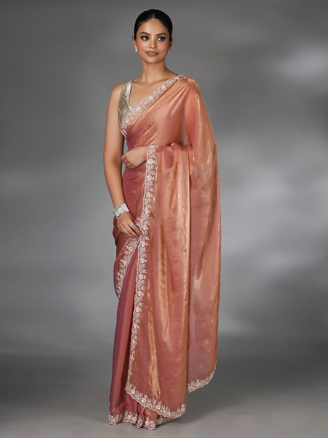 

saree.com Ethnic Motif Embellished Tissue Saree, Peach